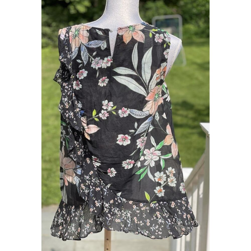 Megan Park Mixed Print Women’s Black Floral Gauzy Cotton Silk Ruffle Shirt Sz M - Picture 3 of 10
